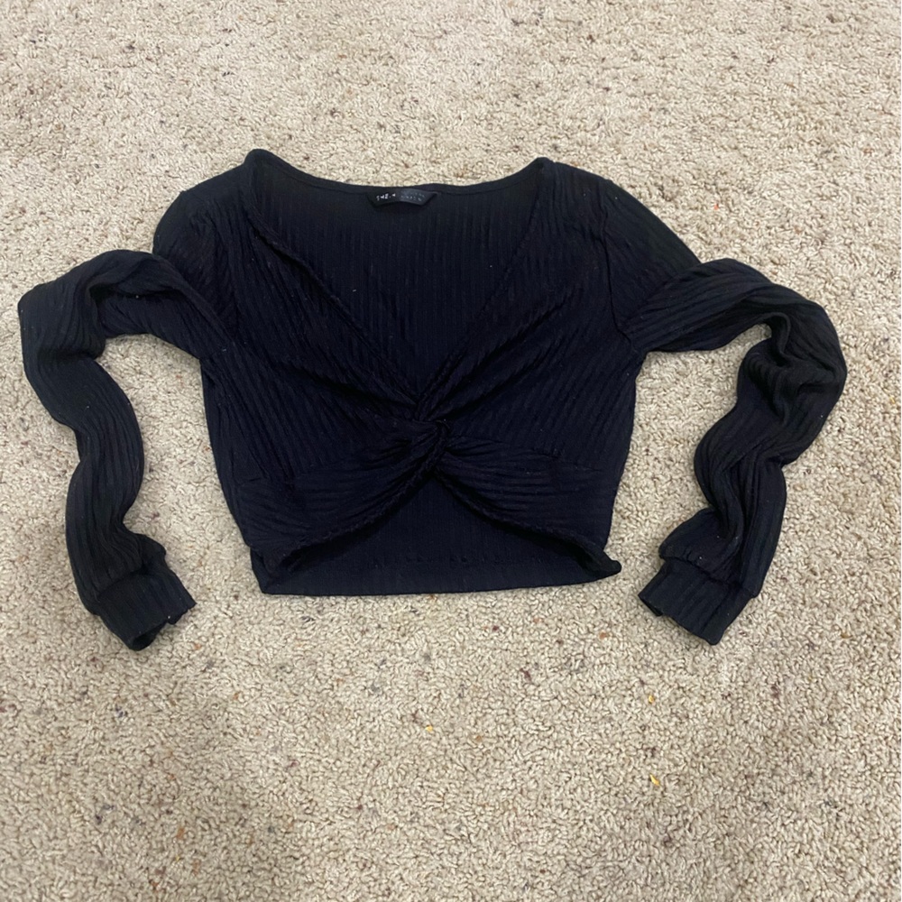 SHEIN Black Twist Front Crop Top Long Sleeve Ribbed V Neck